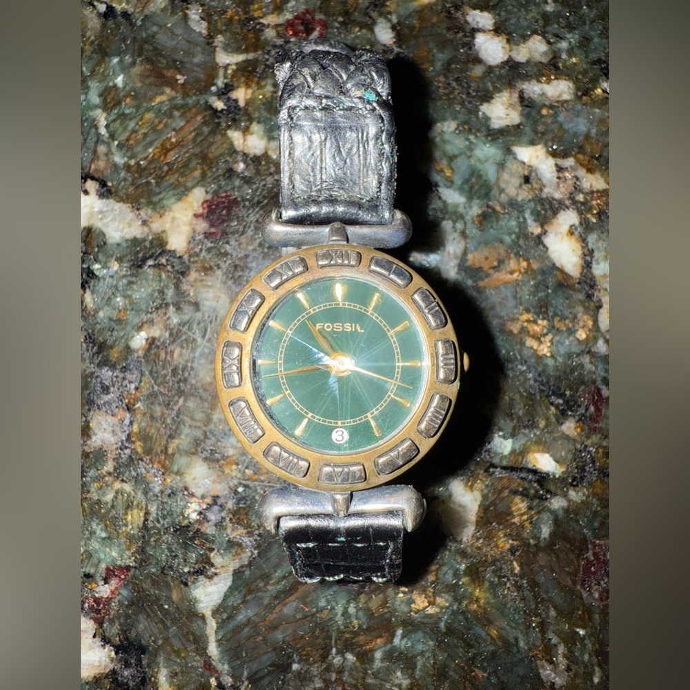 Fossil Watch Womens Stainless Steel Gold Braided Leather Black Strap Green Bezel